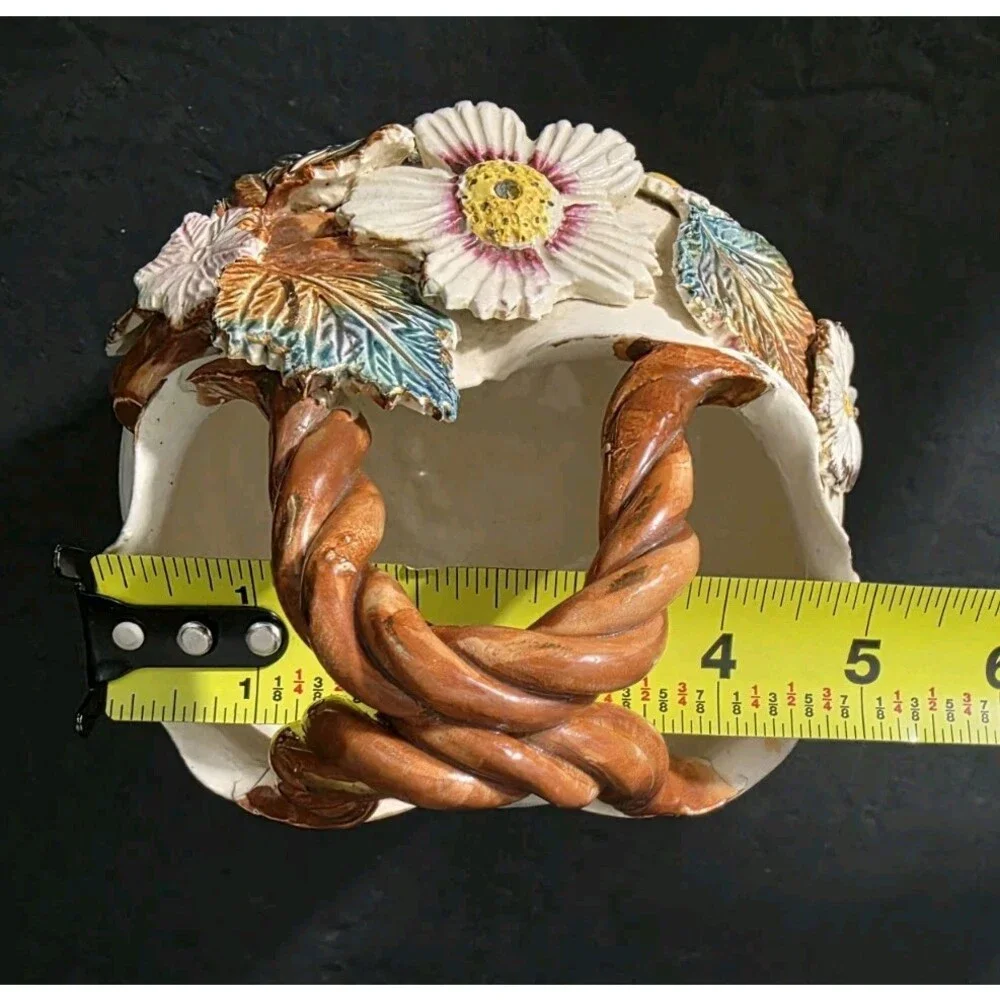 ​Vintage English Pottery Majolica Style Floral Basket Vase Twisted Handle